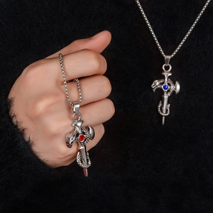 Titanium steel snake and sword pendant necklace with red and blue gemstones