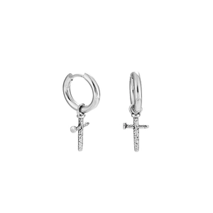 Vintage stainless steel cross hoop earrings with textured nail design for men and women