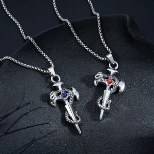 Gothic Punk Alloy Rhinestone Snake Coiled Sword Pendant Necklace Retro Dark Style Sword Cross Long Chain Jewelry For Unisex Gift