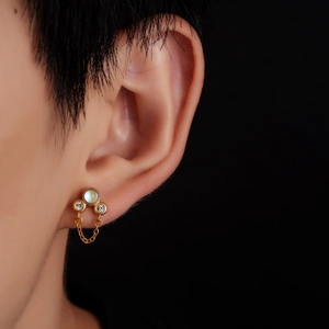 Détail d'une boucle d'oreille à pampilles en acier titane avec strass sur fond noir