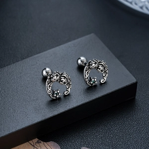 Vintage Titanium Steel Rose Flower Crescent Moon Stud Earrings Gothic Green Zirconia Star Jewelry With Screw Ball Back