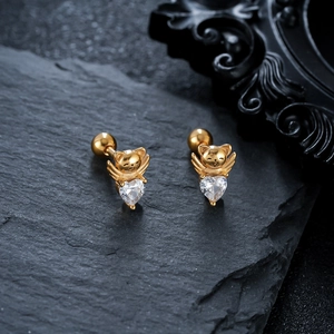 Titanium Steel Angel Bear Stud Earring With Heart Rhinestone Inlaid Fashion Cartilage Jewelry For Men Women Ear Bone Nail