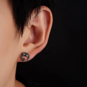 Vintage crescent moon and rose stud earring in silver steel with a green zircon gem