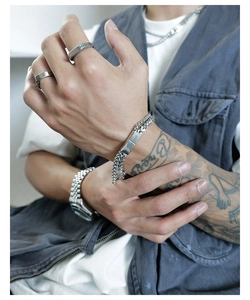 Detail of double-layer stainless steel bracelet with polished rectangular plate on wrist