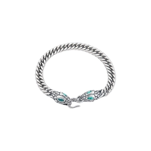 Silver snake head bracelet with green eyes and cuban chain made of stainless steel