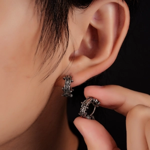 Retro punk titanium steel earrings with embossed texture and vintage silver finish