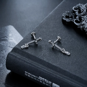 Silver titanium steel sword stud earrings with sparkling zircon dangles for a punk look