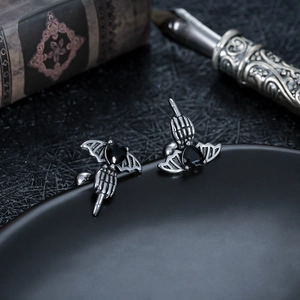 Gothic bat wing skull hand studs featuring black heart zircon in vintage silver finish