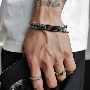 Minimalist double-layer titanium steel bracelet and silver rings set for men and women