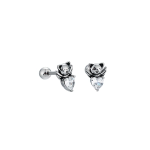 Titanium steel angel bear stud earrings with crystal heart in vintage silver finish