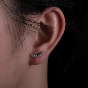 Gros plan de boucles d'oreilles croissant en argent serties de zircons brillants