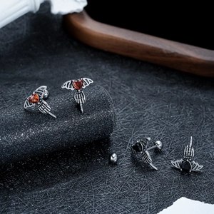 Gothic Titanium Steel Heart Wing Stud Earrings With Stainless Steel Post Punk Skeleton Hand Rhinestone Piercing Ear Jewelry