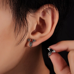 Gothic titanium steel bat wing earrings with heart stone and skull hand detail