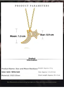 Detailed view of S925 silver star and moon necklace with micro-pave gold finish specs