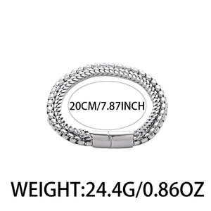 Minimalist double-layer titanium steel chain bracelet with rectangular clasp on white background