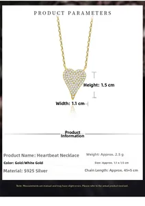 Detailed view of S925 silver heart pendant necklace with dimensions and chain specifications