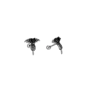 Gothic titanium steel heart ear studs featuring black zircon and bat wing design