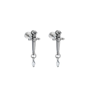 Silver titanium steel sword stud earrings with crystal teardrop charms in punk style