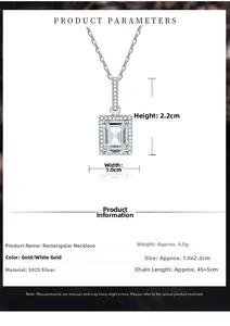 Spécifications détaillées du collier pendentif rectangle en argent S925 et dimensions