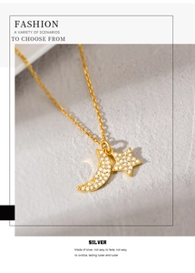 Detailed view of S925 sterling silver star and moon pendant necklace with paved cubic zirconia