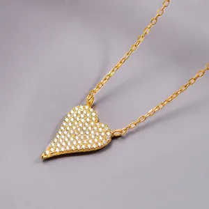 Elegant 925 sterling silver gold heart pendant necklace with shimmering zircon pavé stones