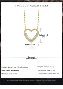 Detail specifications of S925 silver heart necklace with pave-set stones and size markings
