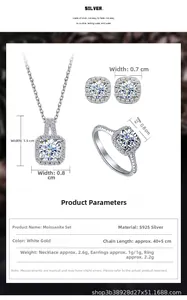Detailed size specifications for S925 sterling silver moissanite jewelry set