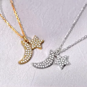 Elegant S925 silver star and moon pendant necklaces with sparkling pavé cubic zirconia