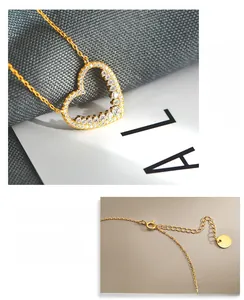 Detail of S925 silver heart necklace with zircon pave setting and adjustable chain link
