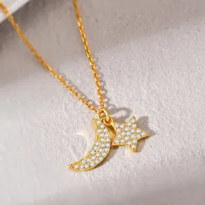 S925 silver star and moon pendant necklace with gold plating and paved zircon stones