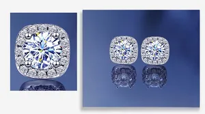 Detailed macro view of S925 sterling silver square halo stud earrings with moissanite stones