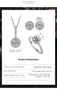 Detailed S925 silver moissanite jewelry set with necklace earrings and ring