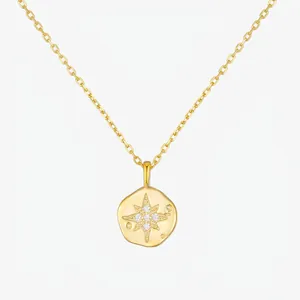 925 Sterling Silver Irregular Round Coin Pendant Necklace Women Eight Pointed Star Zirconia Inlaid Gold Silver Bohemian Jewelry Accessory