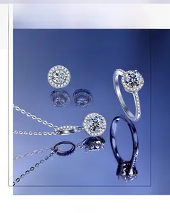 Detailed view of silver moissanite jewelry set with halo necklace, ring and earrings