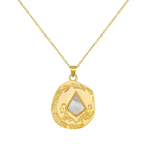 Vintage 925 Sterlingsilber Perlmutt Halskette Geprägtes Rundes Medaillon Geometrisch Eingelegter Eleganter Damenschmuck