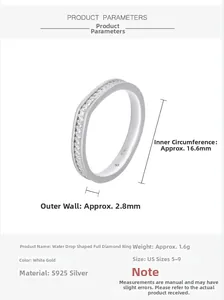 Detailed dimension guide for S925 sterling silver V-shape pave diamond ring with 16.6mm diameter