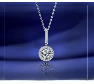 Detailed view of S925 sterling silver necklace with sparkling moissanite pendant