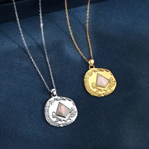 Vintage S925 Sterling Silber Rundanhänger Halsketten mit Reliefkante und Perlmutt-Einlage