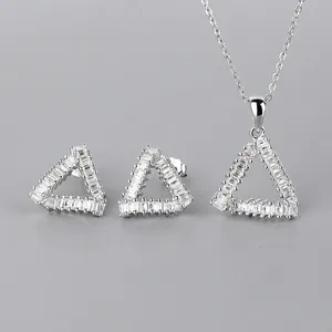 Modern 925 sterling silver jewelry set featuring geometric triangle necklace and earrings
