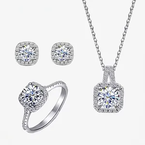 Square Halo 925 Sterling Silver Jewelry Set Moissanite Zirconia Pendant Necklace Stud Earrings Ring For Women Jewelry