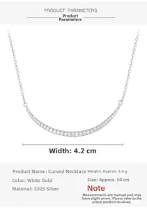Detailed specs of S925 silver curved smile necklace with white gold finish and dimensions