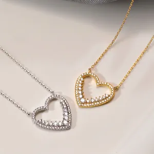 Minimalist S925 sterling silver heart necklaces in gold and silver with zircon inlays