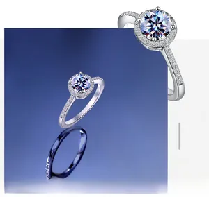 Detailed close-up of S925 sterling silver moissanite rings with round halo set pavé diamonds