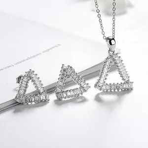 925 Sterling Silver jewelry set with triangle pendant necklace and stud earrings
