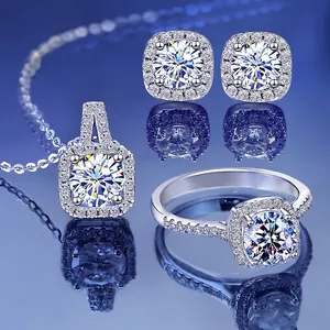 Sparkling S925 silver jewelry set with square moissanite ring, necklace and stud earrings
