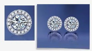 Detail of S925 sterling silver halo stud earrings featuring round moissanite center stones
