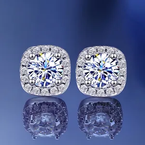 Square halo moissanite stud earrings in S925 sterling silver with a round center stone