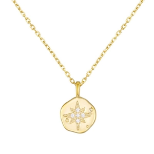Gold plated S925 sterling silver hammered coin necklace with star and zircon inlay