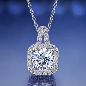 Sparkling S925 sterling silver square halo necklace with a brilliant round moissanite pendant
