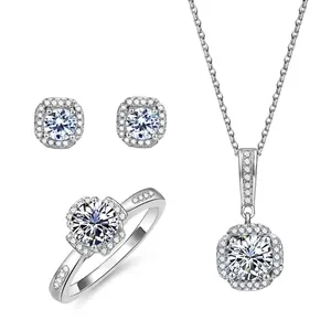 Collection de Bijoux en Argent Sterling 925 Moissanite Zirconia Collier Bague Boucles d'Oreilles Femme Luxe Halo Coupe Ronde Cadeau